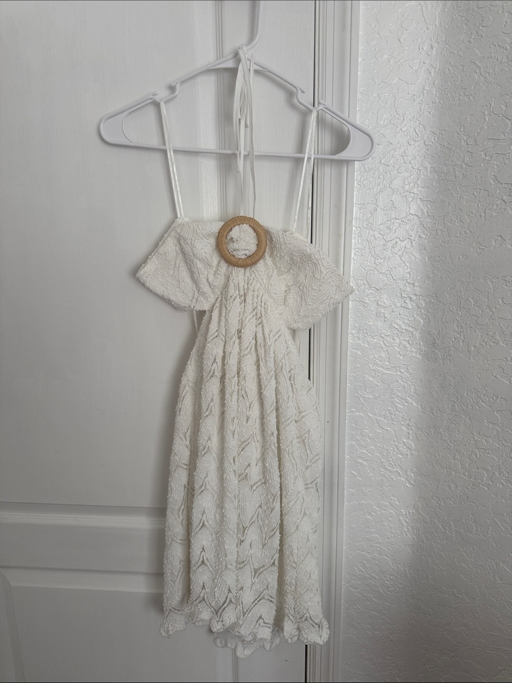 NWT Mustard Seed White Crochet Mini Dress with Wooden Ring